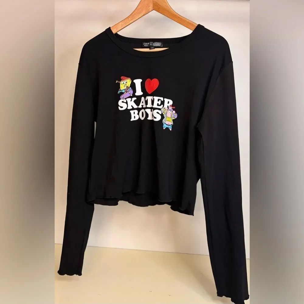 Black Long Sleeve crop- SpongeBob Skater Boy 1x
